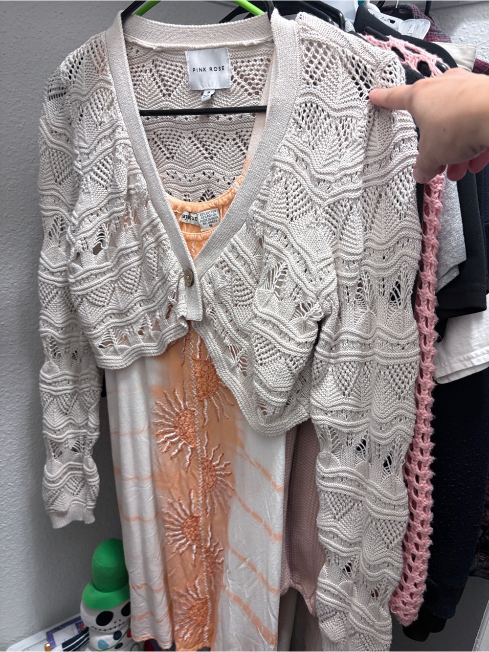 Pink Rose Ivory Openwork Cropped Knit Cardigan